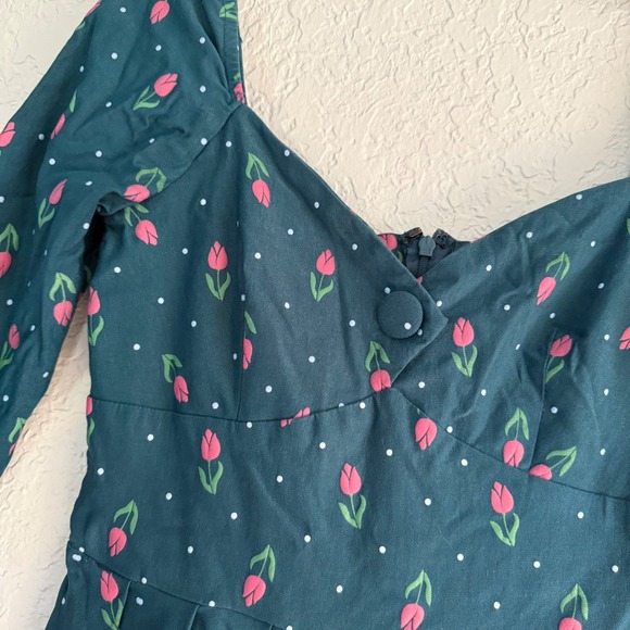 Unique Vintage Forest Green Lamar Swing MIDI Dress pink tulip & white polka dot - Picture 4 of 8